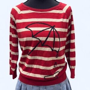 Red & cream striped graphic sweater with umbrella & raindrop design Forever 21